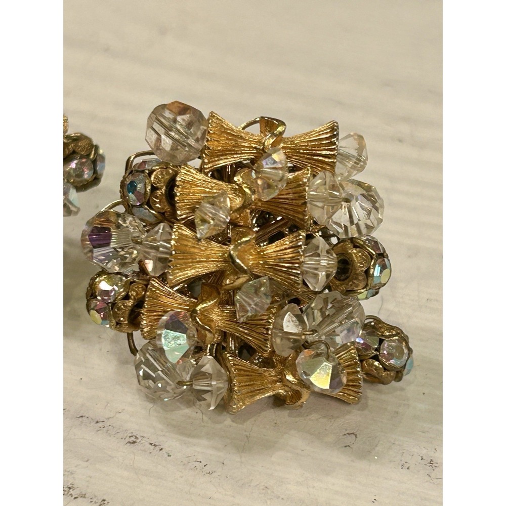 Vintage Signed ALICE CAVINESS Crystal Ribbed Bow‎ Earrings Filigree Clip Shimmer